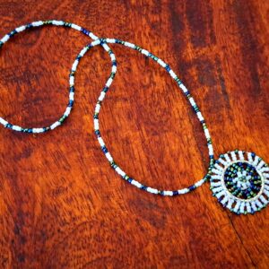 Blue, Green & White Beaded Necklace with Circular Pendant