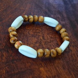 Wooden Bead Bracelet with White Cowrie Shell Accents